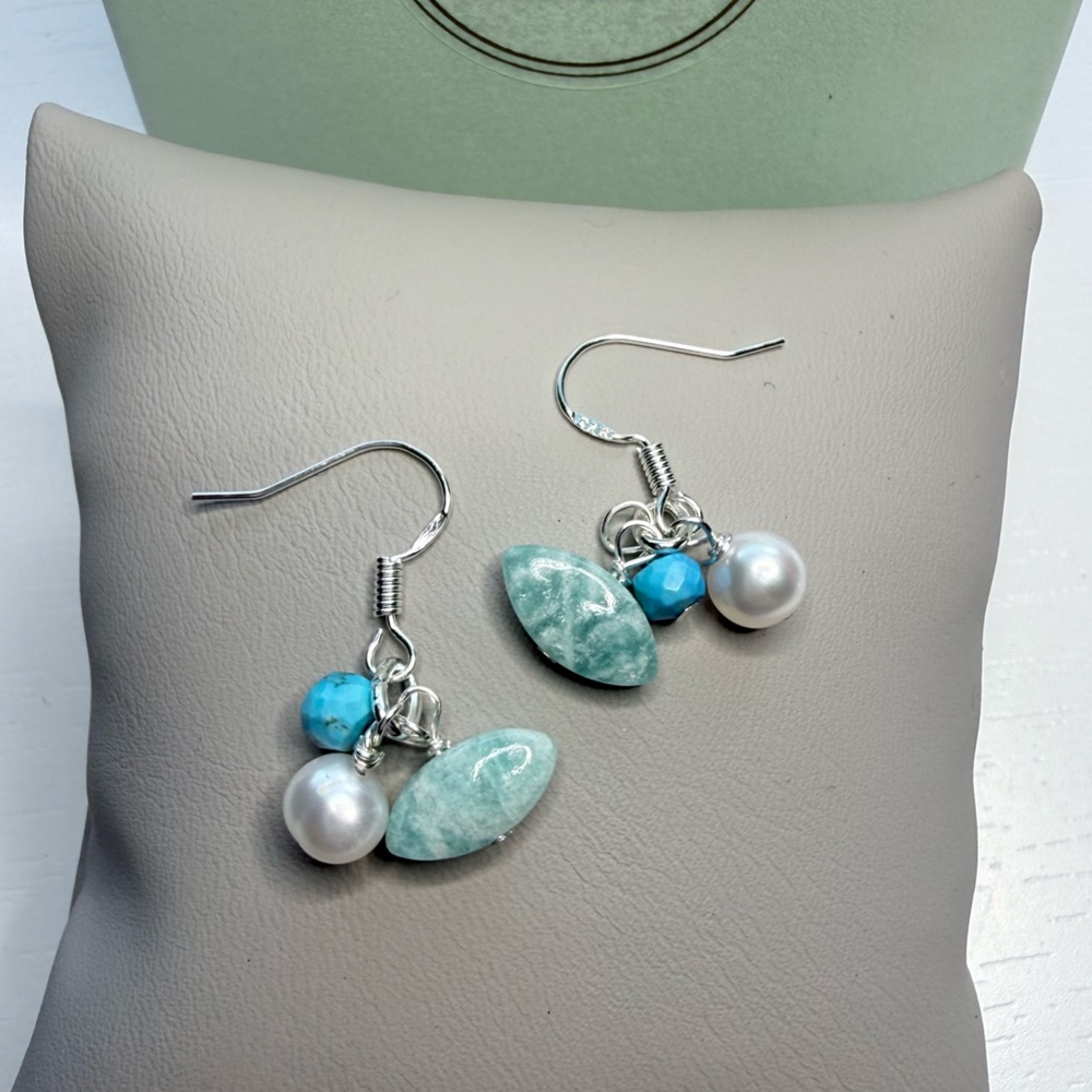 Amazonite Turquoise & Pearl Cluster Drop Earrings in Aqua-Blue